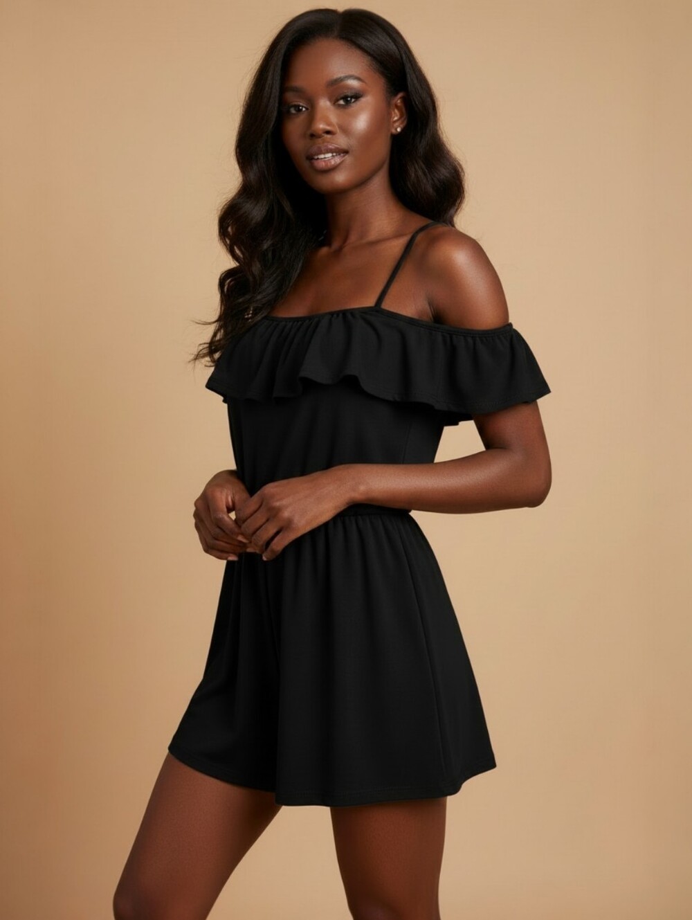 Urban Outfitters Cold Shoulder Flutter Sleeve Black Romper, XS, Ruffle, EUC
